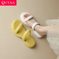 QUTAA 2023 Thick Med Heels Slippers Women Sandals Microfiber Round Toe Comfortable Casual Working Shoes Woman Size 34-43