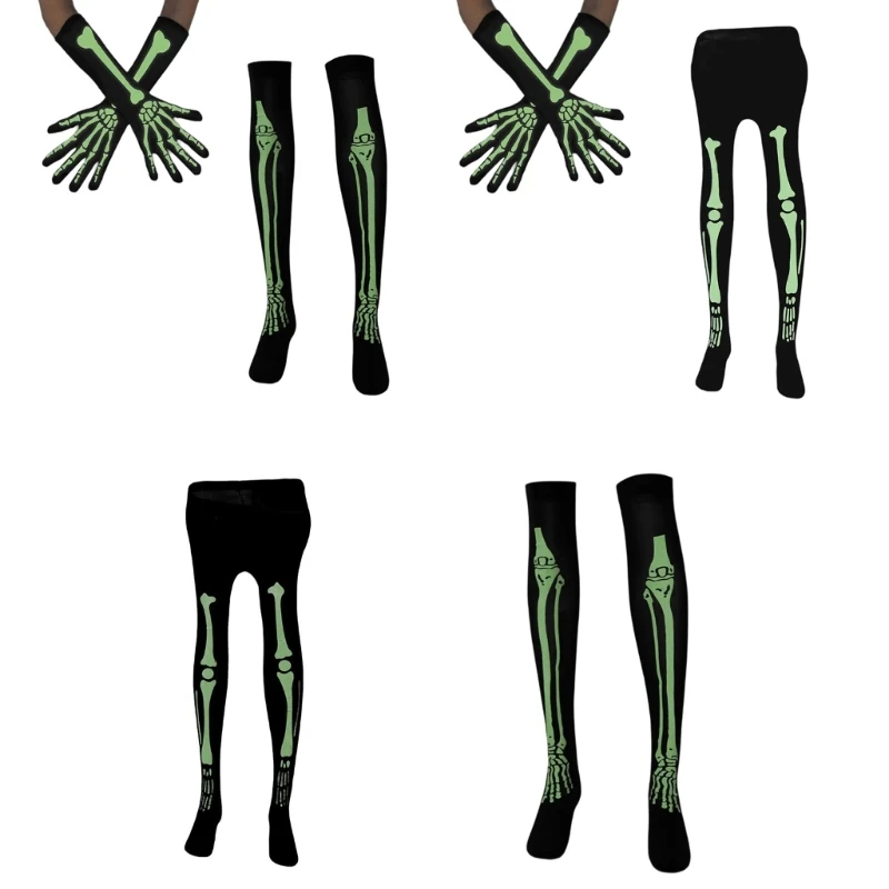 

Halloween Skeleton Hand Gloves Knees High Socks Luminous Skeleton Stockings Tights Horrible Stocking Socks for Parties DXAA