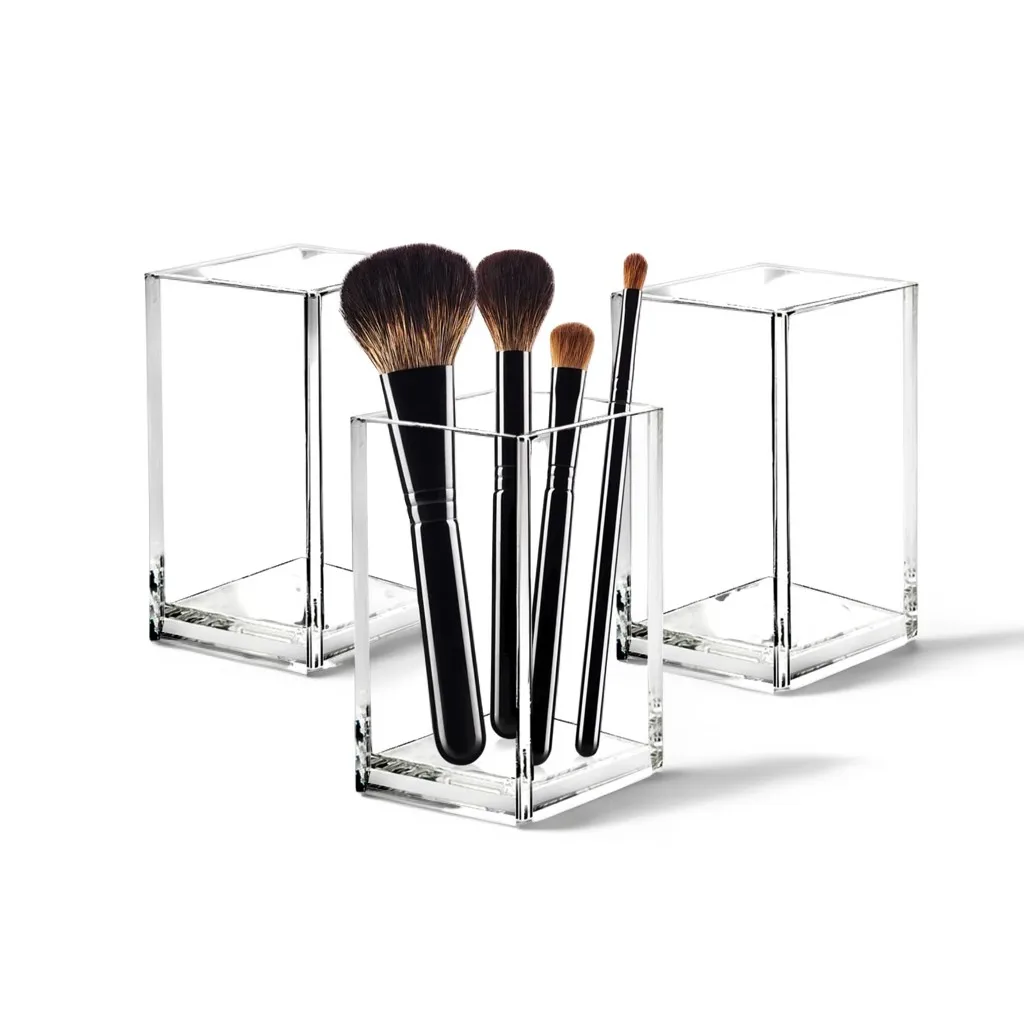 3 Pack Clear Acrylic Makeup Brush Holder,Acrylic Cosmetic Brushes Organizer Desktop Storage Boxes For Pencil Pen