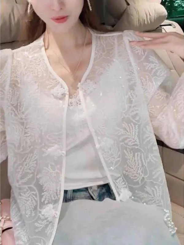 

Большие размеры 300, новый китайский Sle National Faion, женский летний топ Ele Lady, элитный кружевной топ на пуговицах, защита от солнца, C...