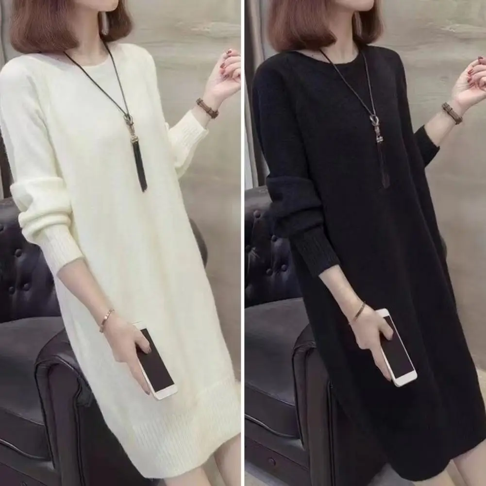 Women Sweater Dress Round Neck Knitted Loose Long Sleeve Elastic Thick Warm Pullover Mid-calf Length Lady Fall Midi Dress