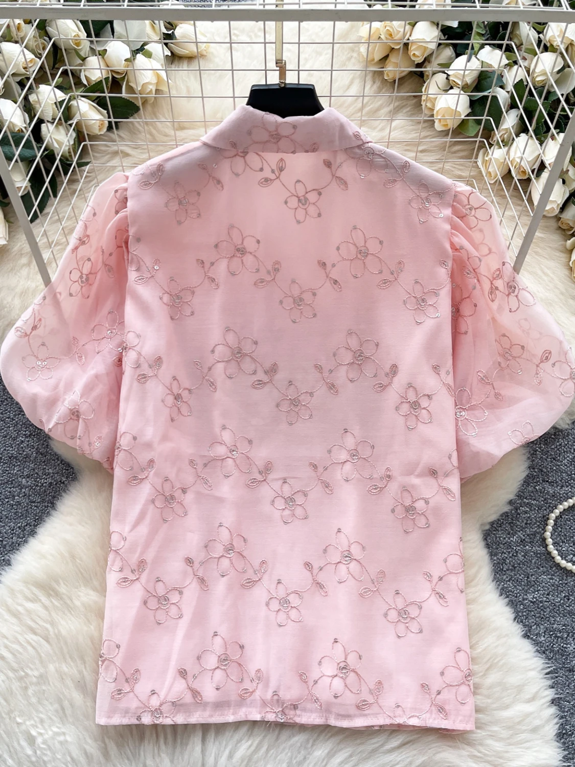 

Retro Court Sle Women's Bubble Sve irt Summer Embroidered Diamond High-End Design Lightweight Maturi Ele Top