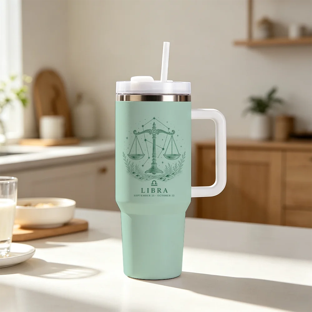 Libra Zodiac Sign Print Vacuum Flasks 40oz 1200ML Insulated Tumbler With Handle & Straw Double Wall Thermal Travel Coffee Mug Re