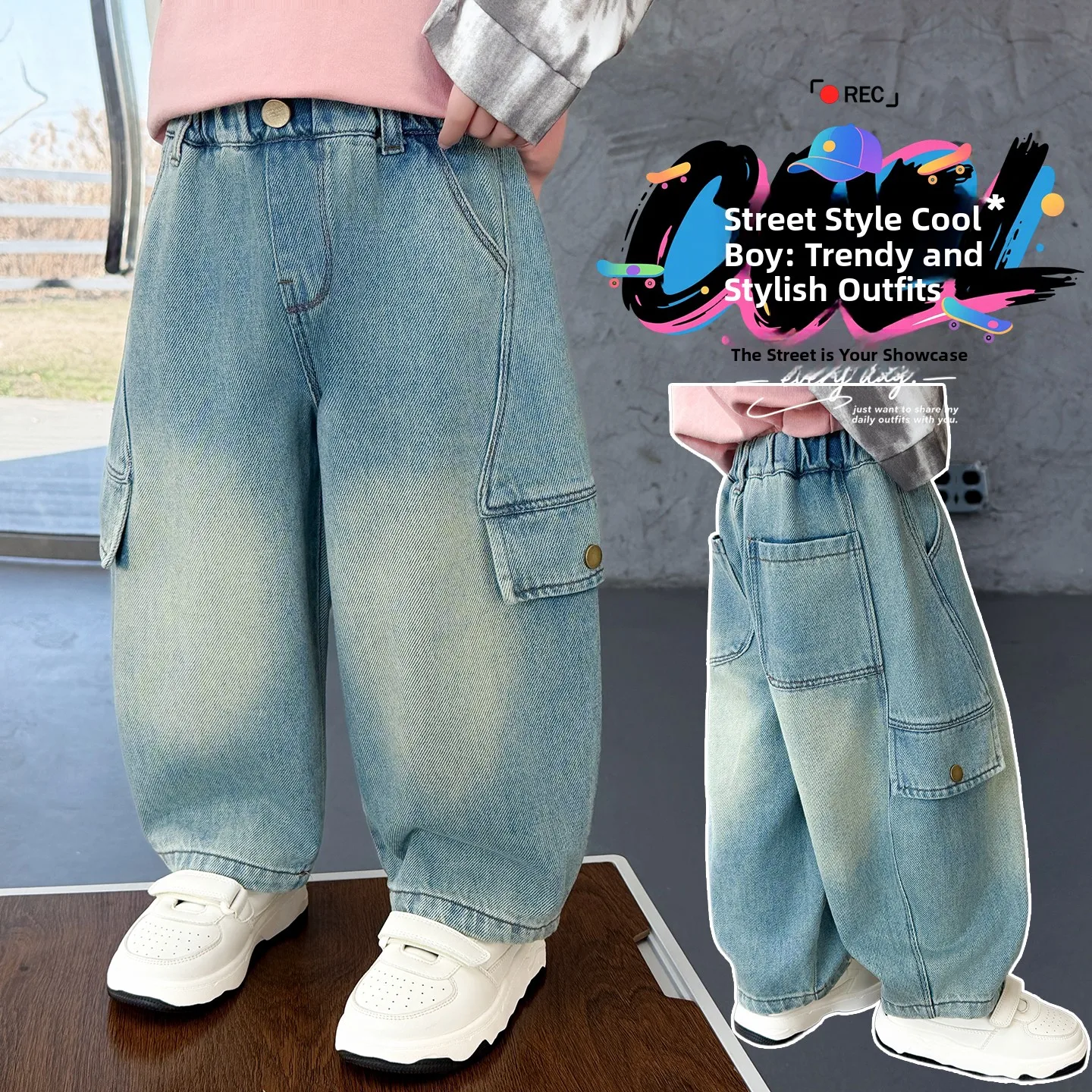 

Корейские повседневные джинсовые рабочие брюки для мальчиков, весенне-осенние модные стильные длинные брюки с карманами, прямые, свободного кроя