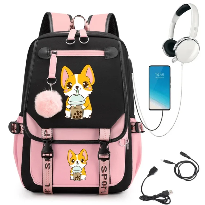 Corgi tas punggung sekolah ransel kartun anjing, tas sekolah Kawaii dengan teh gelembung untuk remaja perempuan