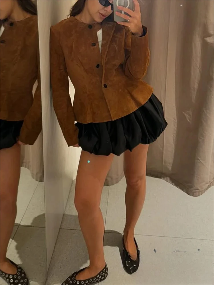 

KONDALA повседневные шикарные женские кожаные куртки, однобортные однобортные короткие пальто с круглым вырезом и длинными рукавами, модные осенне-осенние куртки 2025 года