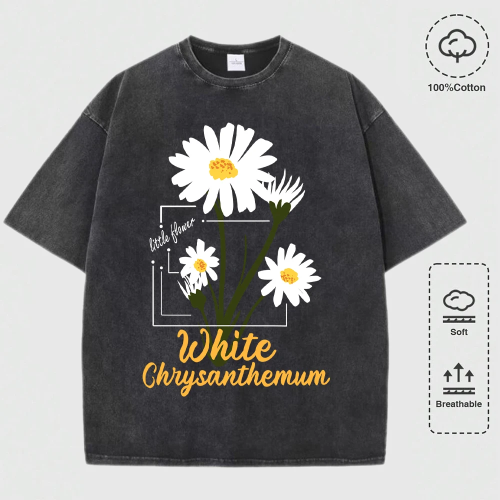 

White Chiysanthemum Printing Washed T Shirt Man Cotton Fashions Casual T-Shirt O-Neck All-Match Clothes Loose Soft Sportswear