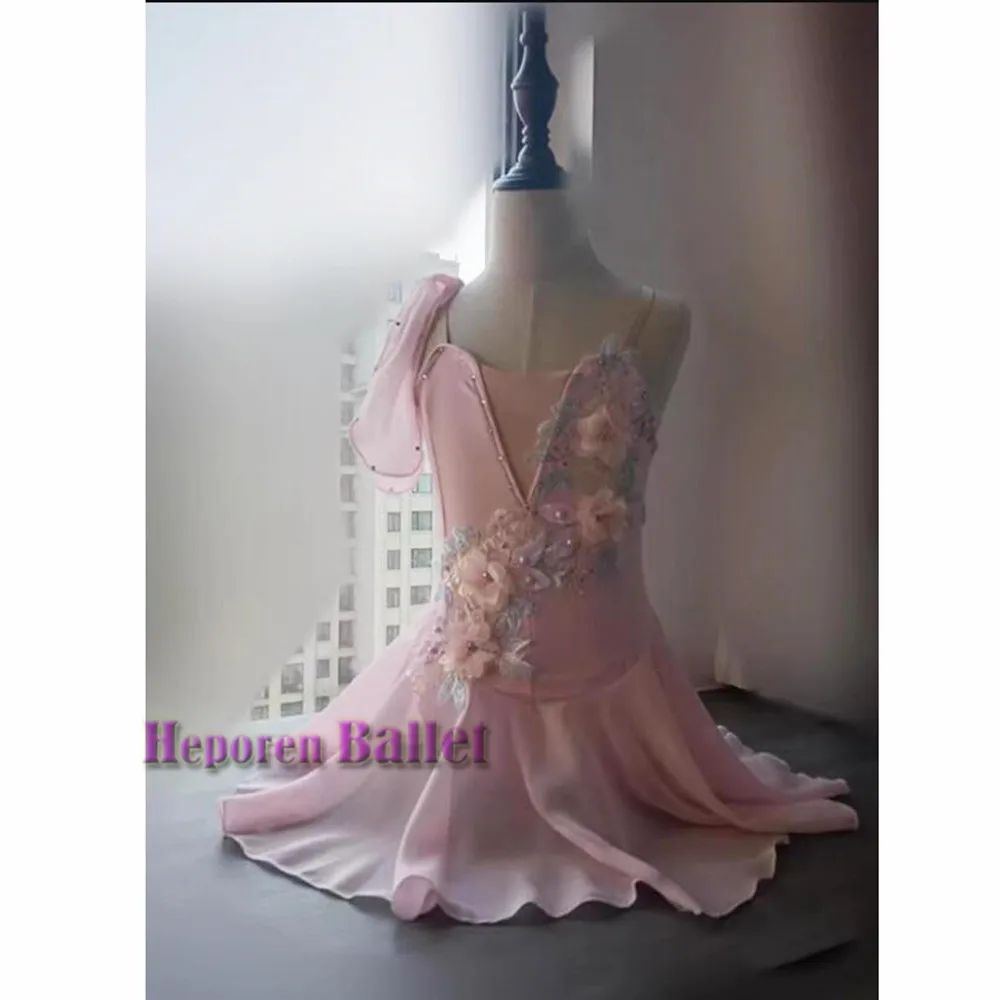 Girl Simple Chiffon Cupid Ballet Short Dress With Flower Decoration For Practice, Summer Elegant Modern Dance Skirt