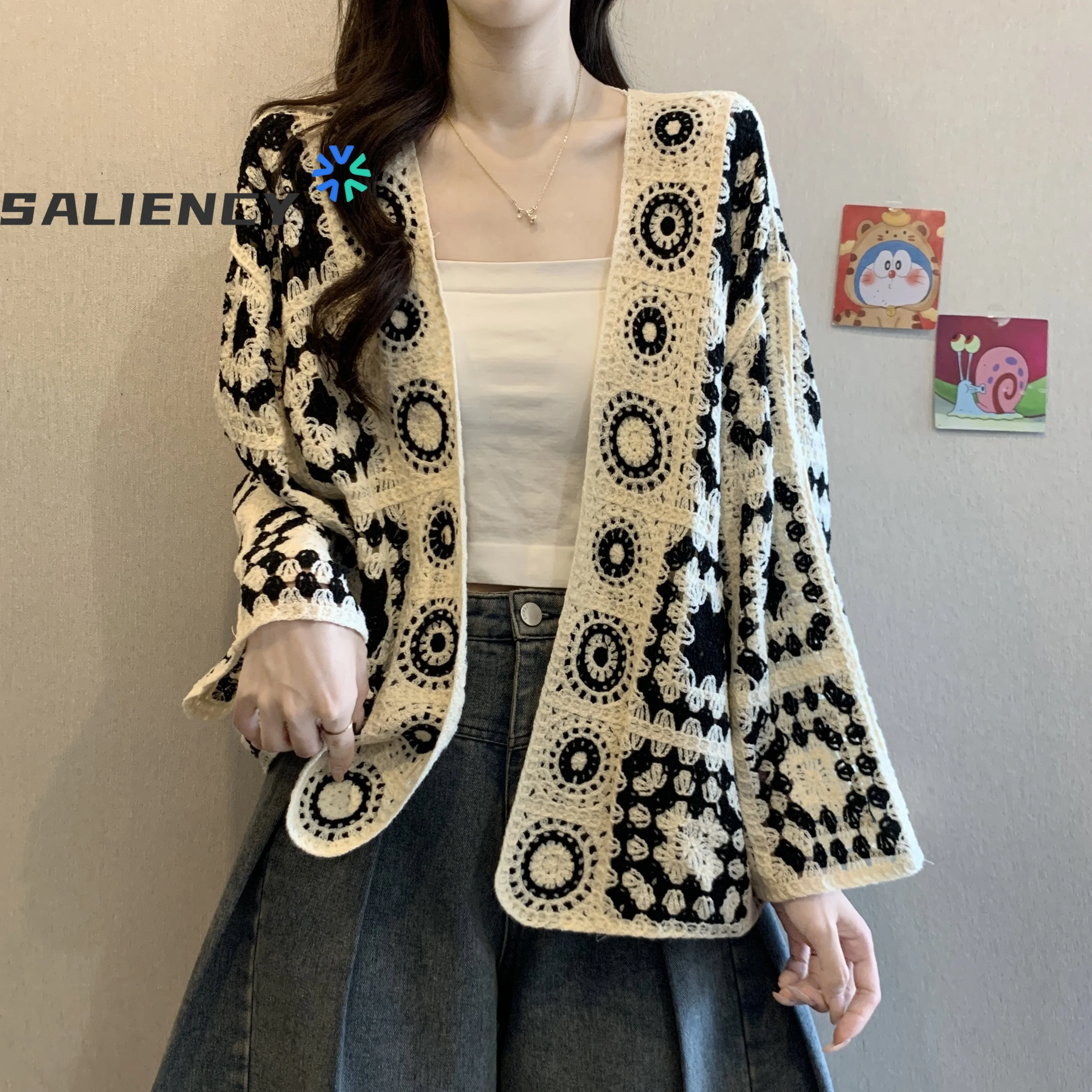 

SALIENCY Bohe V-образный вырез с длинным рукавом ажурный вязаный крючком свободный кардиган женские топы в стиле ретро с длинными рукавами