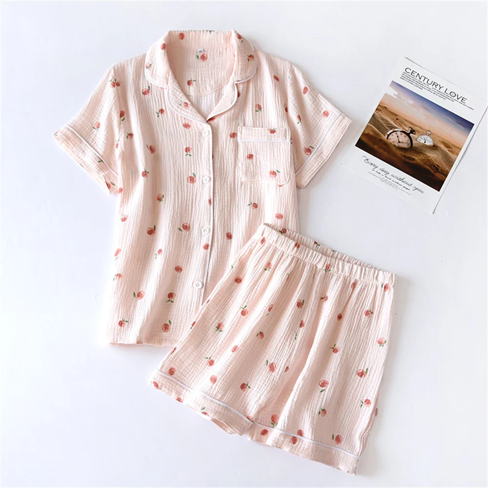 

Summer Ladies Short-sleeved Shorts Pajamas Set 100% Cotton Crepe Cloth Thin Home Service Two-piece Spring And Autumn Loose