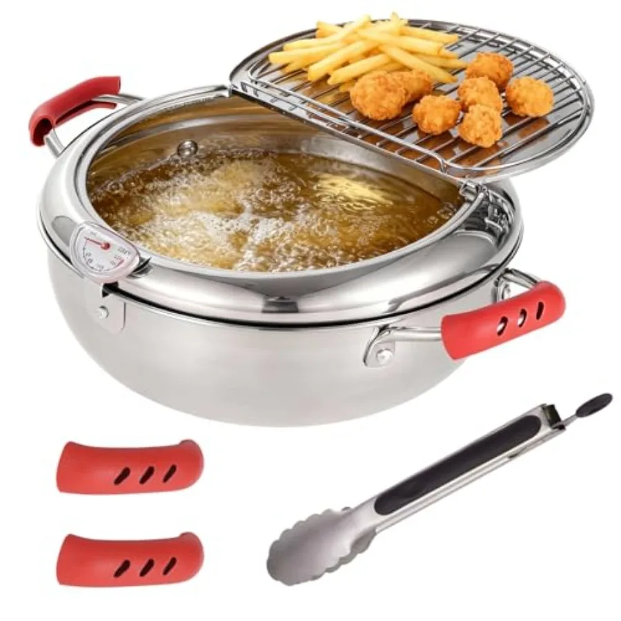 

Фритюрница из нержавеющей стали с щипцами, японская фритюрница с контролем температуры и решеткой для слива масла, для темпуры