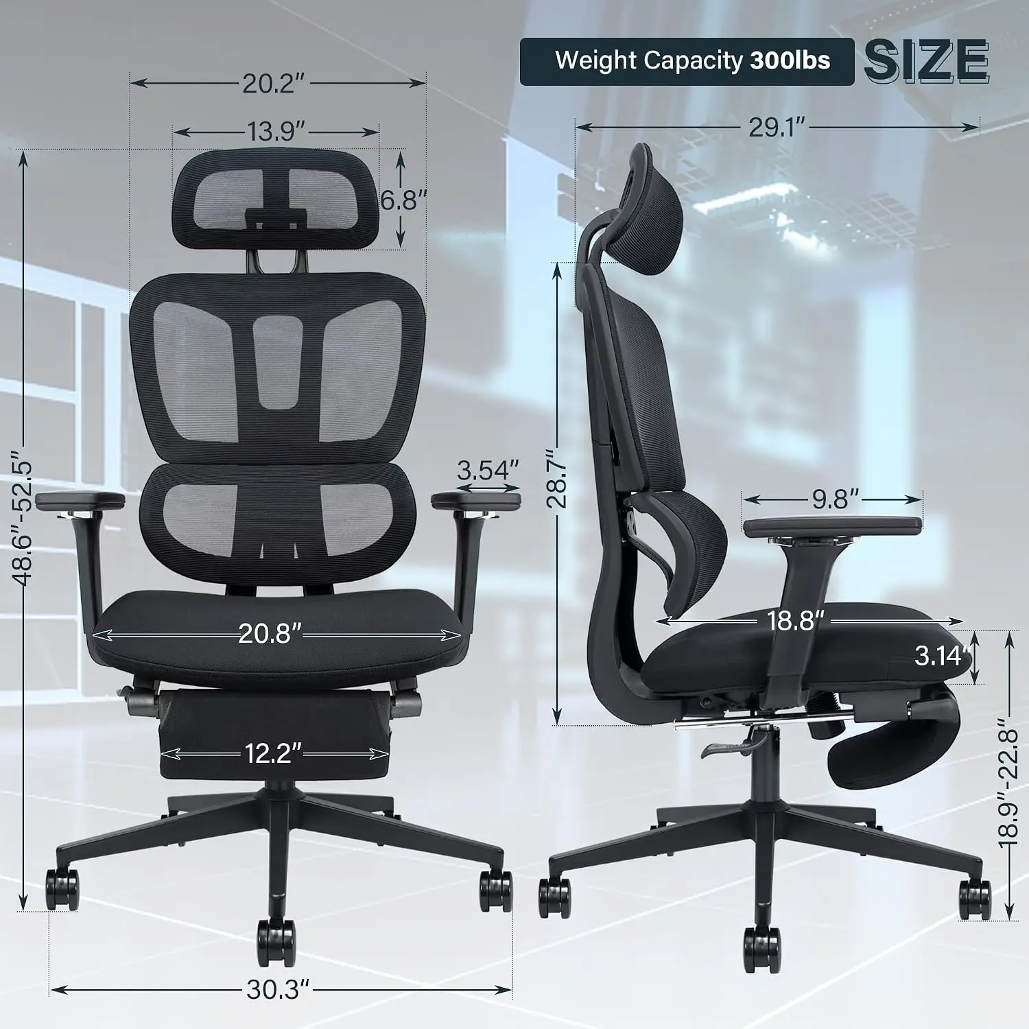 Ergonomic Office Chair with Retractable Footrest, Black, Customized