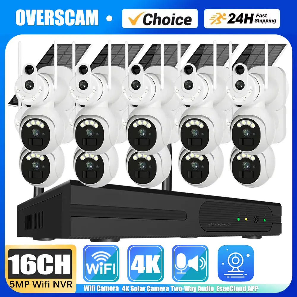 16CH WIFI NVR luar ruangan PTZ 8MP Panel surya lensa ganda sistem kamera PTZ keamanan rumah CCTV Video pengawasan Kit baterai bawaan