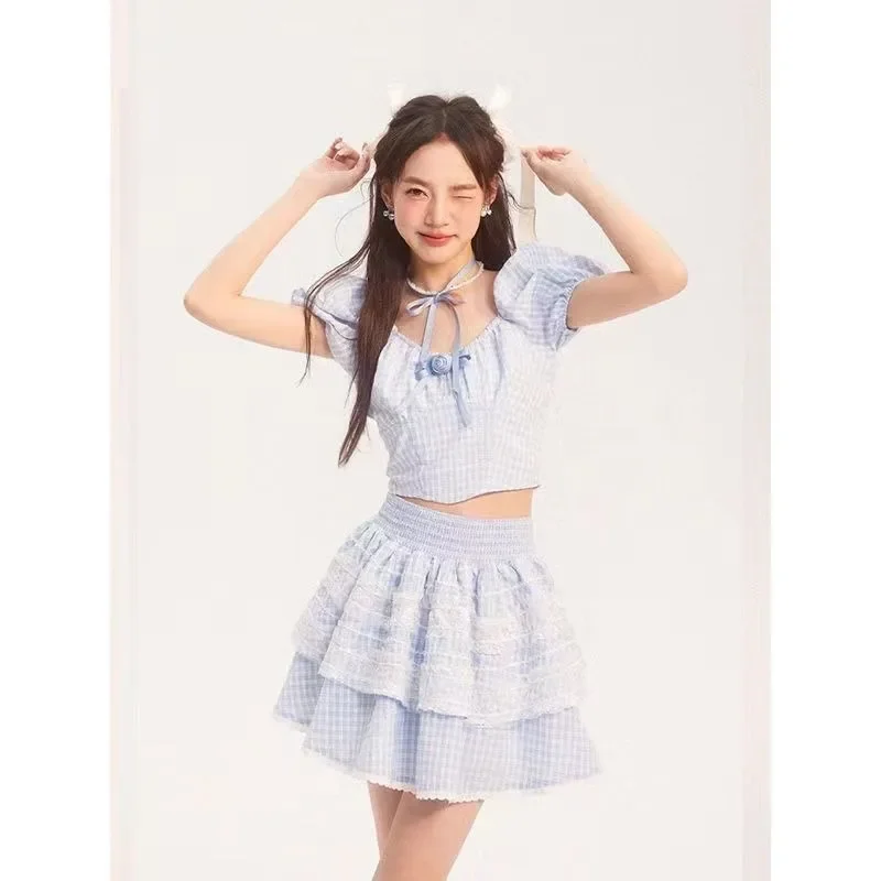 2024 Summer Lolita Kawaii Suit Woman Lace Sweet Plaid Set Casual Short Tops Princess Party Y2k Mini Skirt Fashion Clothing Chic