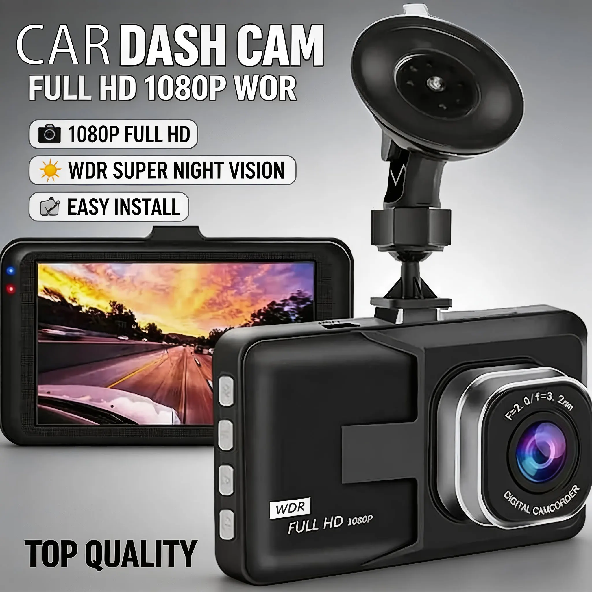 

Dash Cam 1080P Full HD On-Dashboard Camera Video Recorder Dashcam for Cars with 3" LCD Display WDR Parking Mode 120° Wide Angle
