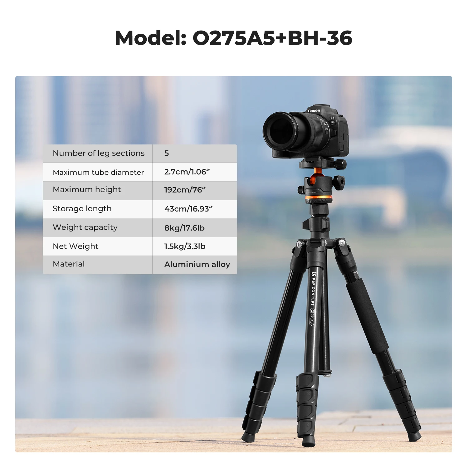 

K&F Concept 192cm Camera Tripod with 360 Degree 17.6lbs Load Ball Head Detachable Monopod Heavy Duty DSLR Tripods O275A5+BH-36