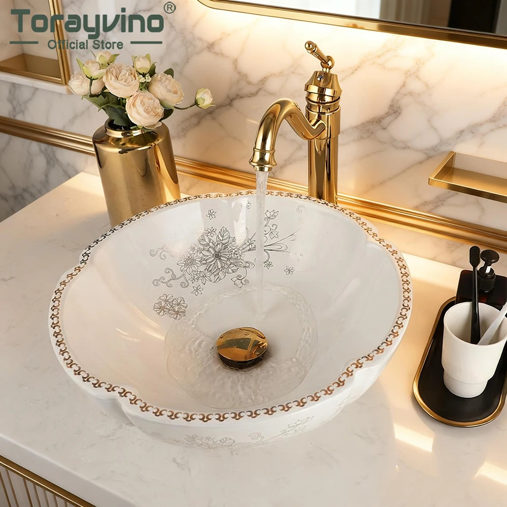 Torayvino Flower Ceramic Bathroom Basin Sink Above Counter Art Vessel sink Vainty Bowl with Mixer Water Tap and Pop-up Drain Set