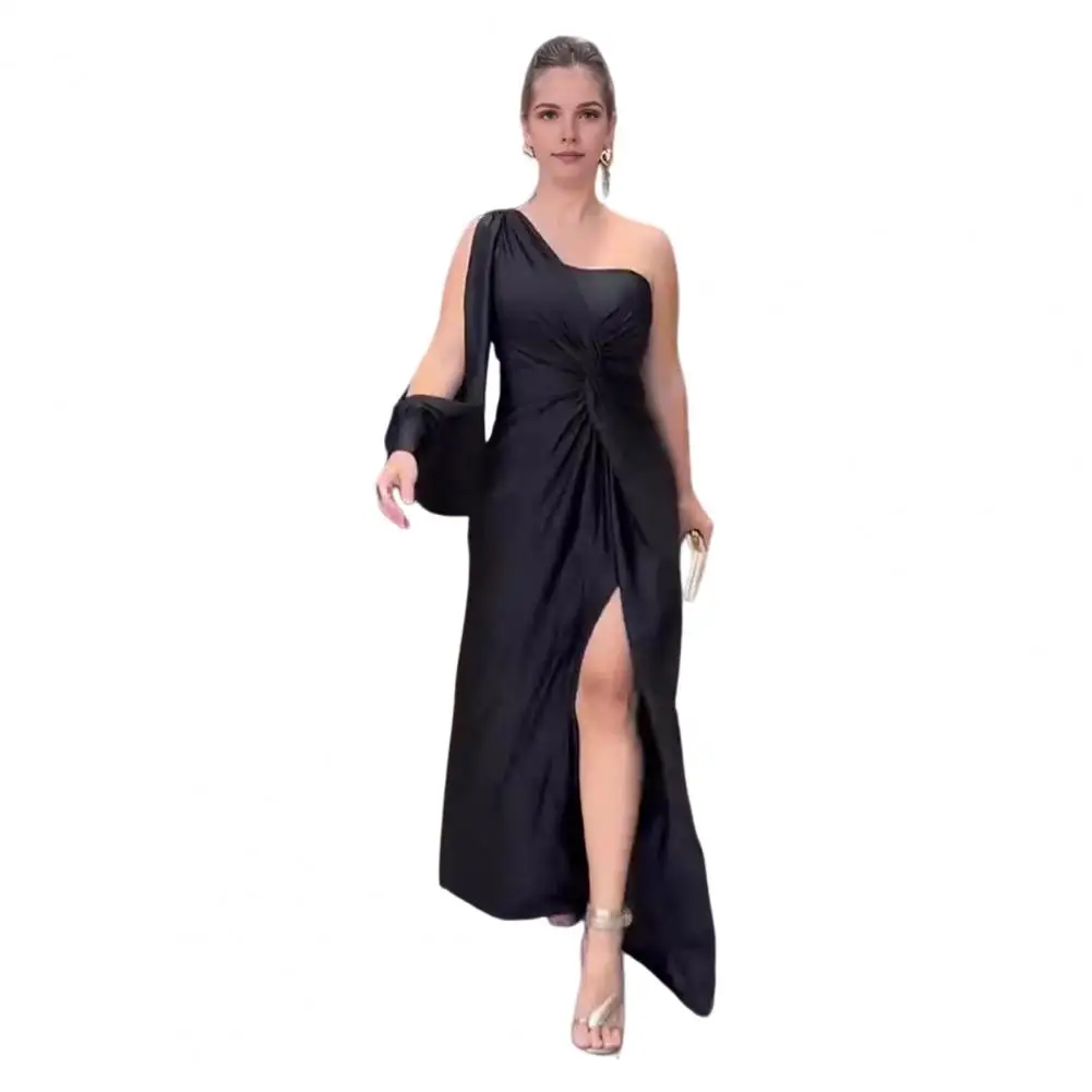 Satin Dress Evening Dress Elegant One Shoulder Maxi Dress with Split Hem Pleated Knot Detail Solid for Cocktail for Evening