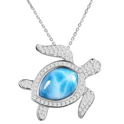Fine Blue Larimar 925 Sterling Silver Natural Larimar Sea Turtle Pendant Necklace For Women Gift