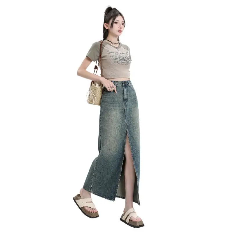 Boweylun High-waisted Do Old Split Denim Half-body Skirt Women Spring and Summer Loose A-line Skirt Girls