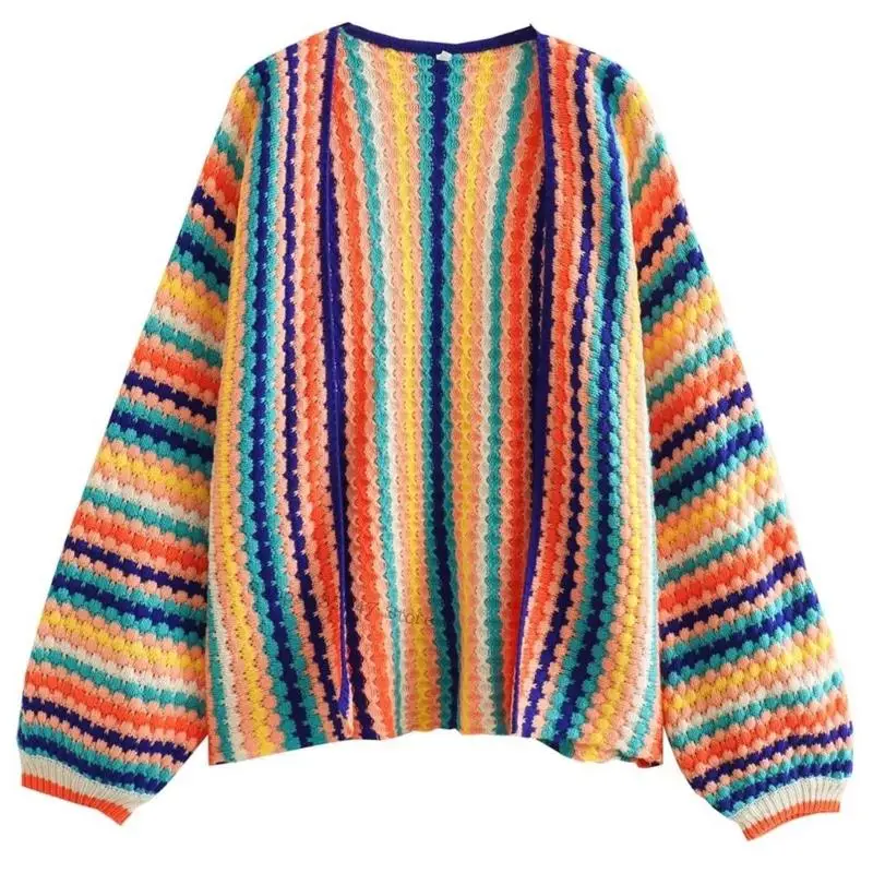 Fashionable Rainbow Striped Knitted Open Front Sweater Cardigan for Women Long Sleeve Colorful Loose Knitwear Outerwear