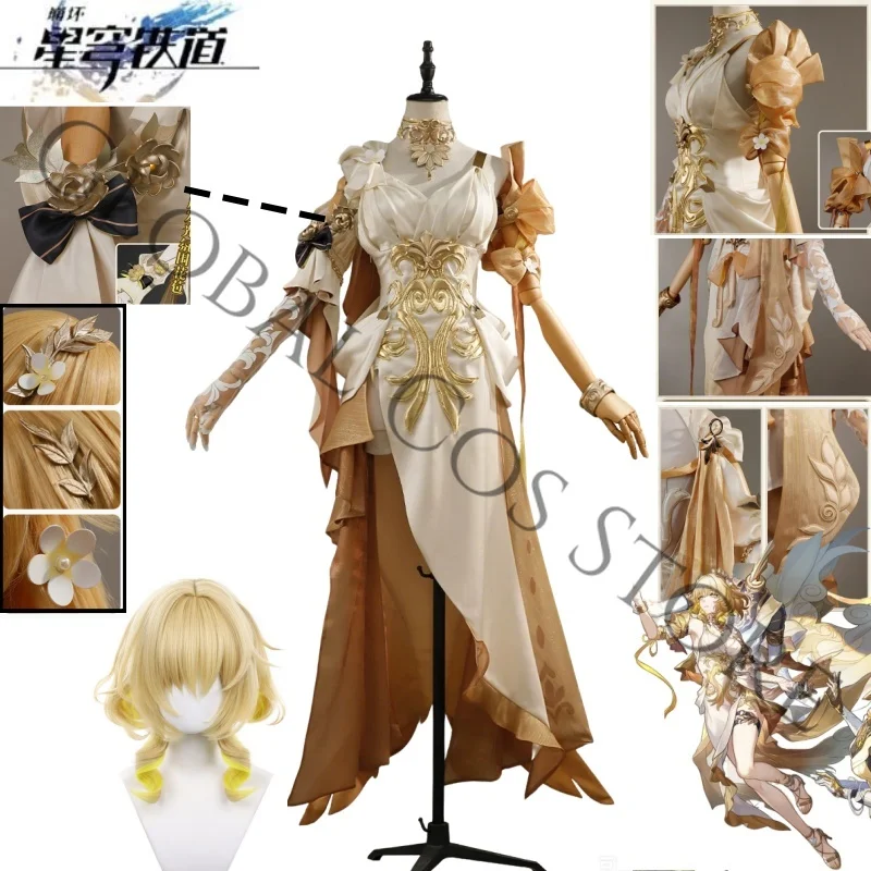

"Golden Weaver" Aglaea Cosplay Costume White Dress Gold Embroidery & Flowing Cape Wig Full Set Halloween Carnival Party Roleplay