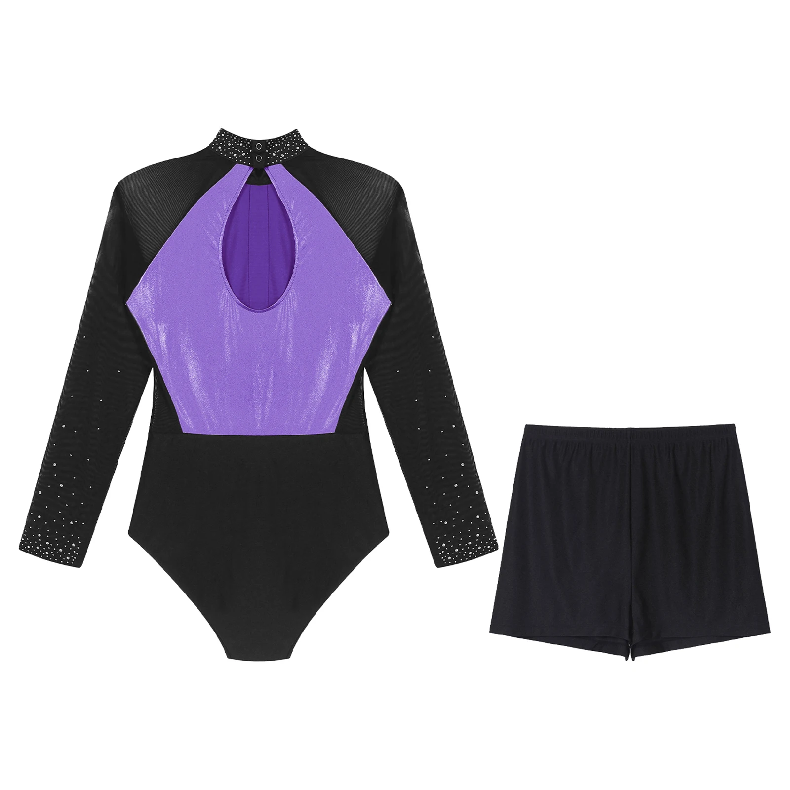 Women Ballet Dance Leotard Gymnastics Figure Skating Performance Costume Sheer Mesh Long Sleeve Bodysuit Dancewear with Shorts