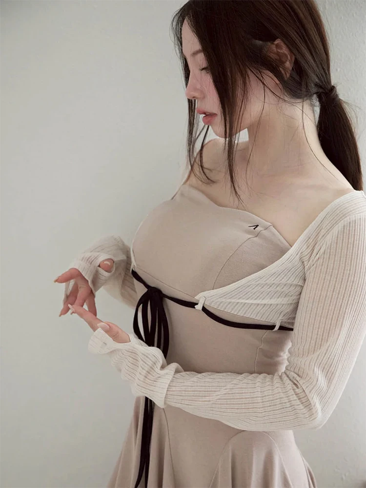 2025 النمط الياباني الحلو وهمية قطعتين فستان بكم طويل و مجموعة تي شيرتات قصيرة للأطفال الربيع والخريف الفتيات سليم صديرية دائرية فساتين صغيرة #5