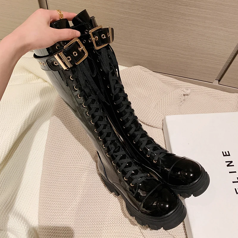 2022 Autumn and winter Women knee-high boots natural leather 22-25cm cowhide side zipper Knight boots belt buckle modern boots