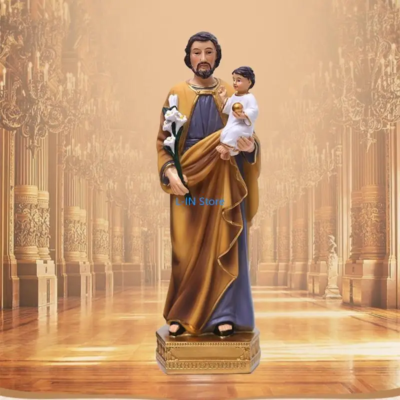 SaintJoseph Holding Baby Jesus Statues Religious Figurines Resin Model Sculpture Desktop Decoration