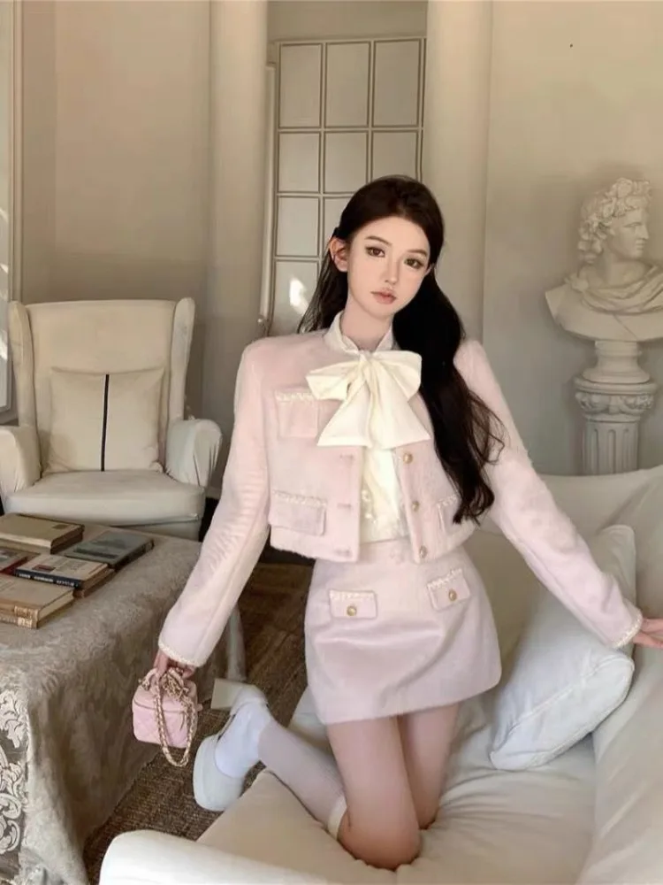 Lnsozkdg Pink Women Skirt Set Long Sleeve Short Tweed Jacket Top Small Fragrance Hip Wrap Mini Skirts Hot Girls Three-piece Sets