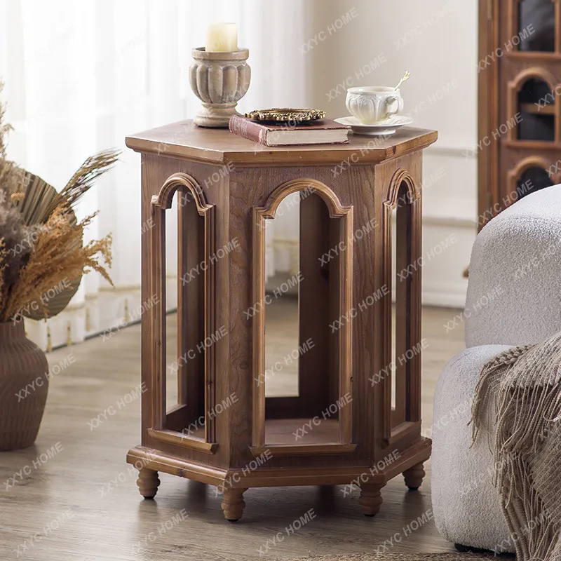 Retro coffee table living room household small apartment solid wood hexagonal storage medieval sofa side table