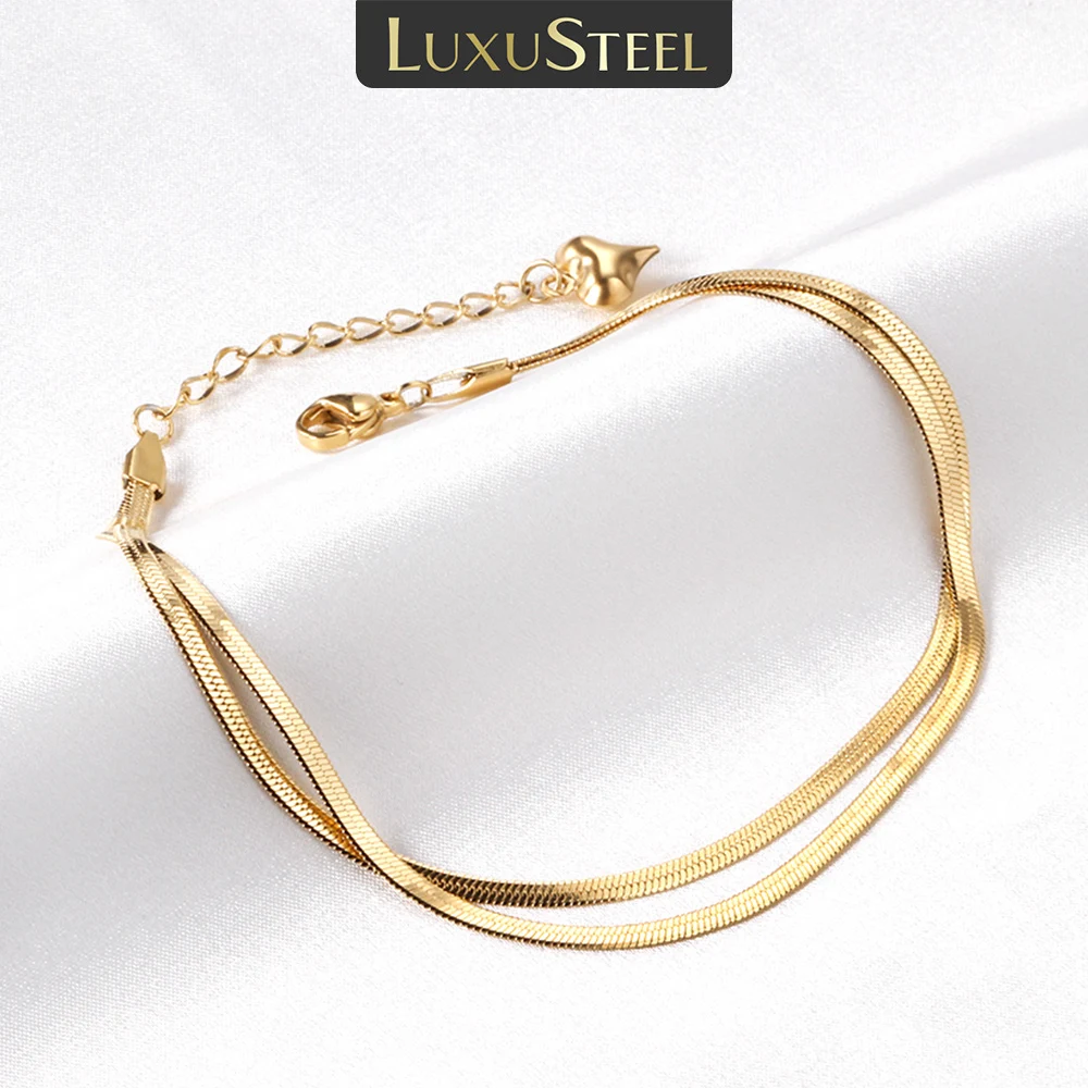 LUXUSTEEL Fashion Double Flat Snake Chain Anklets Bracelet on Leg Stainless Steel Women's Chain Anklets Wedding Party Jewelry