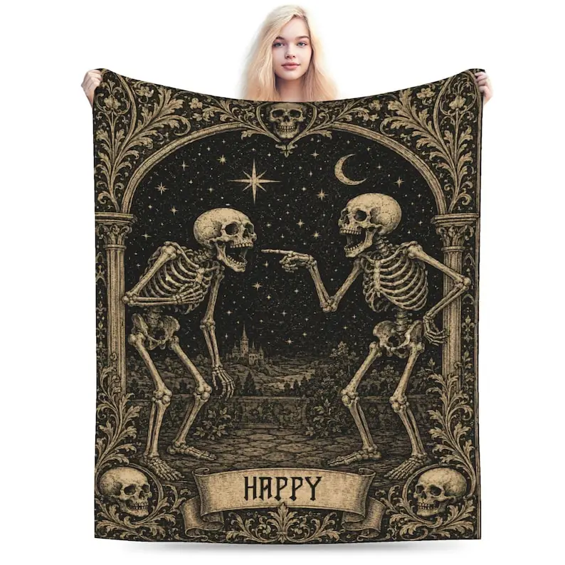 Gothic Skeleton Flannel Throw Blanket, Dark Academia Celestial Art, Cozy Couch Bedding