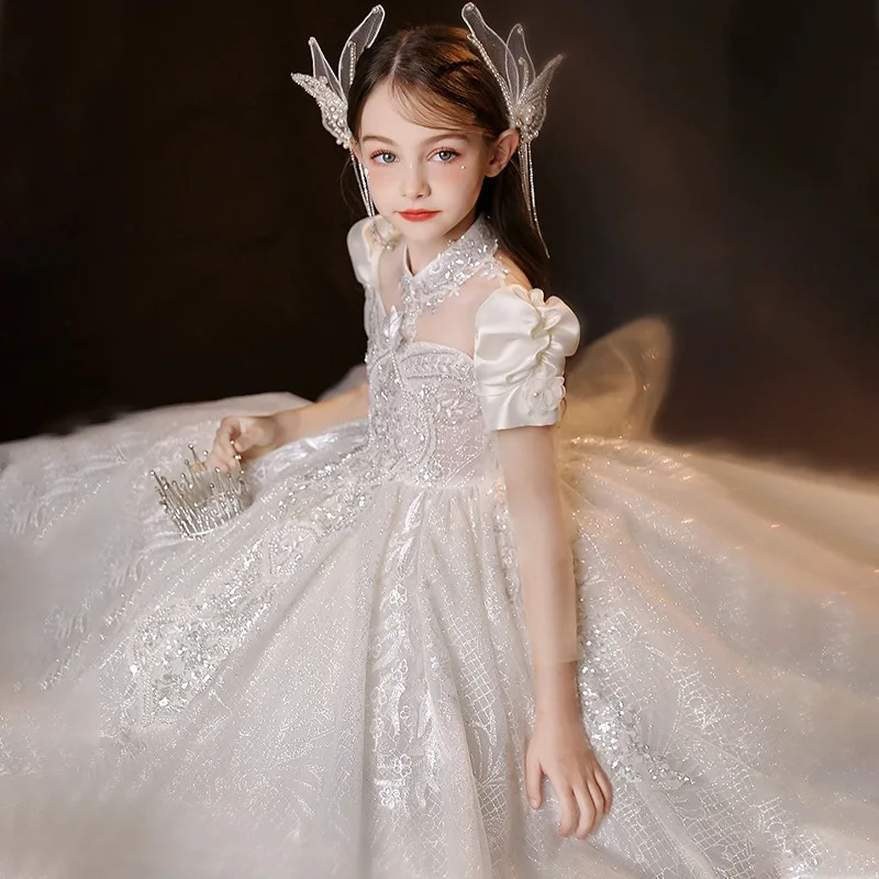 2024 Luxury Royal Party Dress for Girls Teenage Girl Elegant Sequins White Evening Dresses Children Gala Ball Gown Kid Partywear