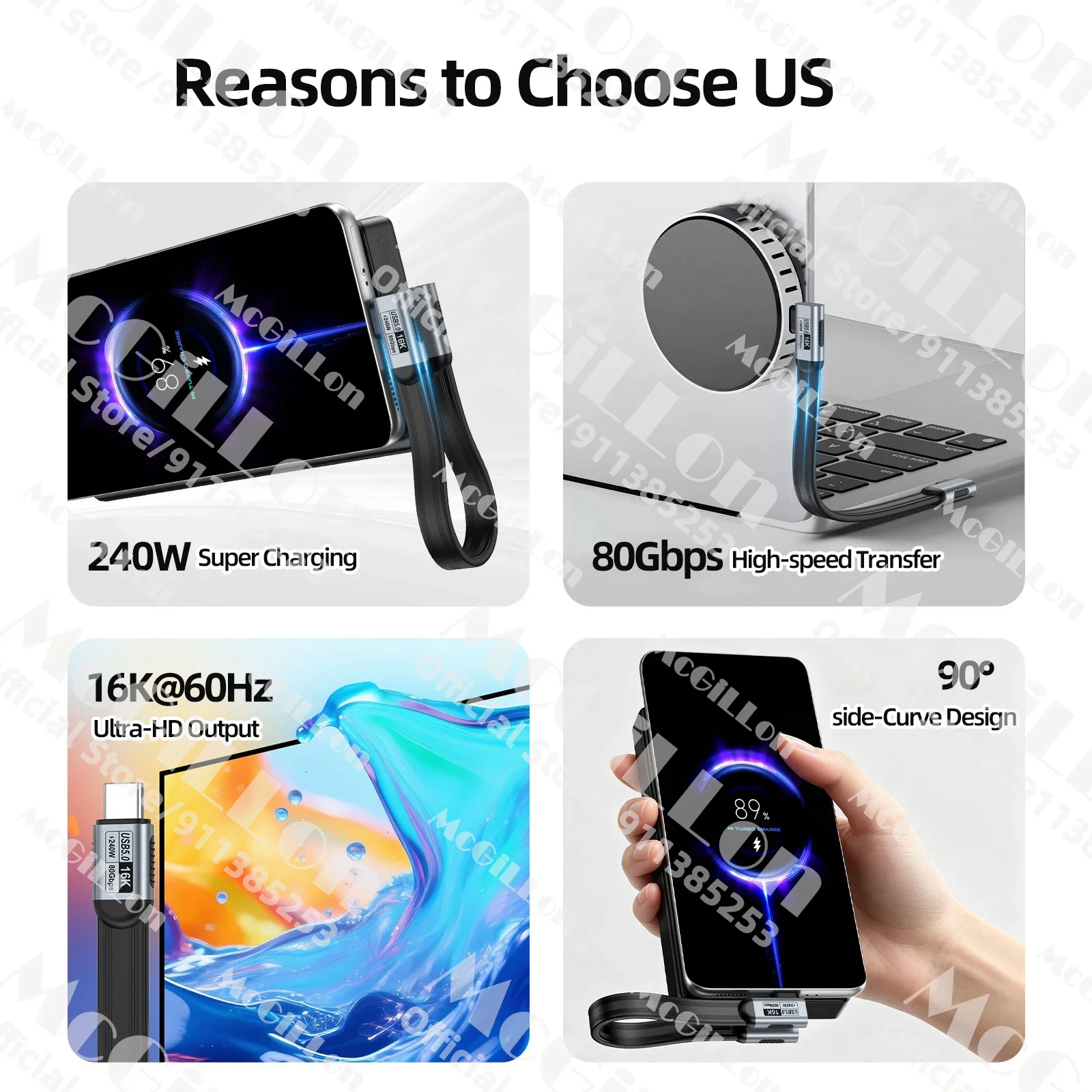 Elbow USB5.0 PD240W 80Gbps Thunderbolt 5 Type-C to Type C Cable 16K 8K 48V/5A for iPhone 16 Pro Tablet Switch Laptop MacBook Pro