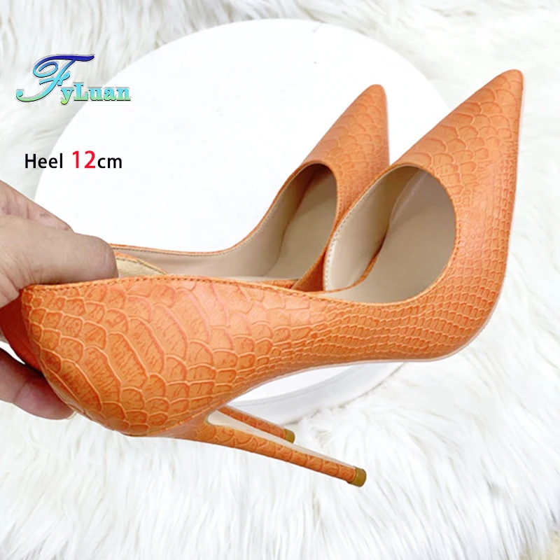 

Sexy Orange Snakeskin Women 8cm 10cm 12cm High Heels shallow mouth Elegant Pumps Fetish Ladies Party Dress Shoes Plus Size 34-45