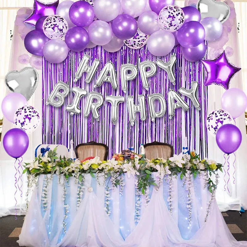 Silver Happy Birthday Letter Foil Balloon Shiny Purple Rain Silk Curtain Balloon Set For Birthday Party Decoration