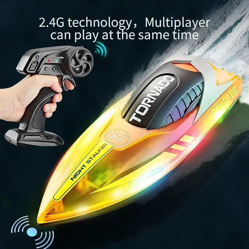 RC Speedboat LED Light Rechargeable Toy High Speed Sport 2.4G Waterproof Remote Control Racing Boats with LED Lights