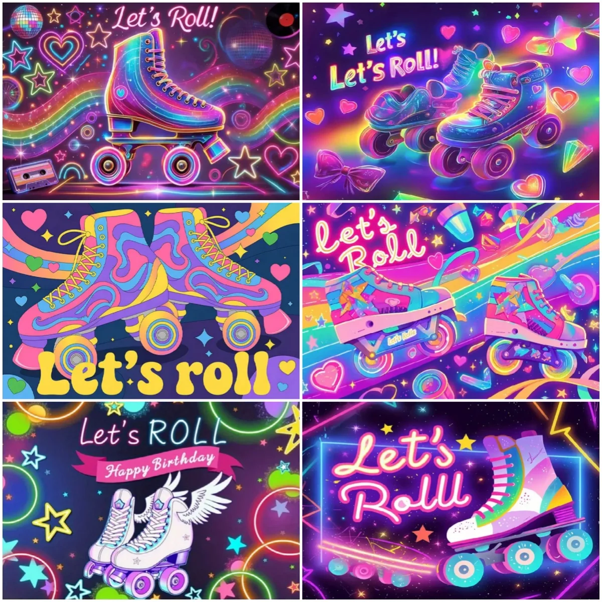 

Roller Skating Shoes Theme Birthday Party Decoration Banner 80s 90s Neon Lights Rainbow Disco Background Photography Backdrop