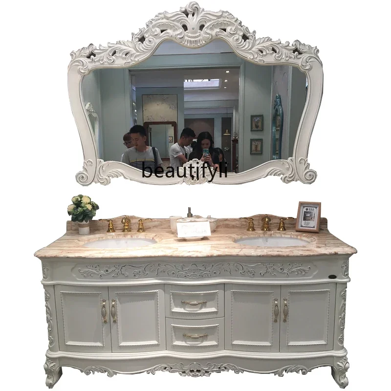 

European-Style Bathroom Cabinet Double Basin Antique Solid Wood Bathroom Washbasin Cabinet Holding Basin Combination Carved