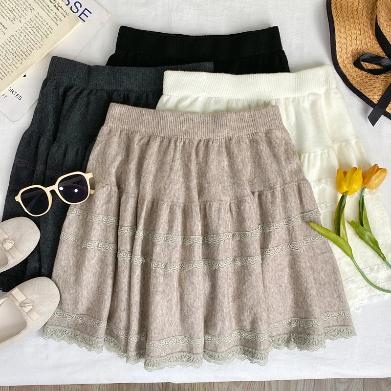 

Ретро-юбка с кружевной отделкой, вязаная, короткая, женская, с высокой талией, облегающая, повседневная, для офиса и города