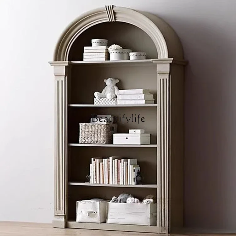 

ld14 American Style Solid Wood Semi-Circular Arch Bookcase french Vintage White Bookshelf Decorative Cabinet