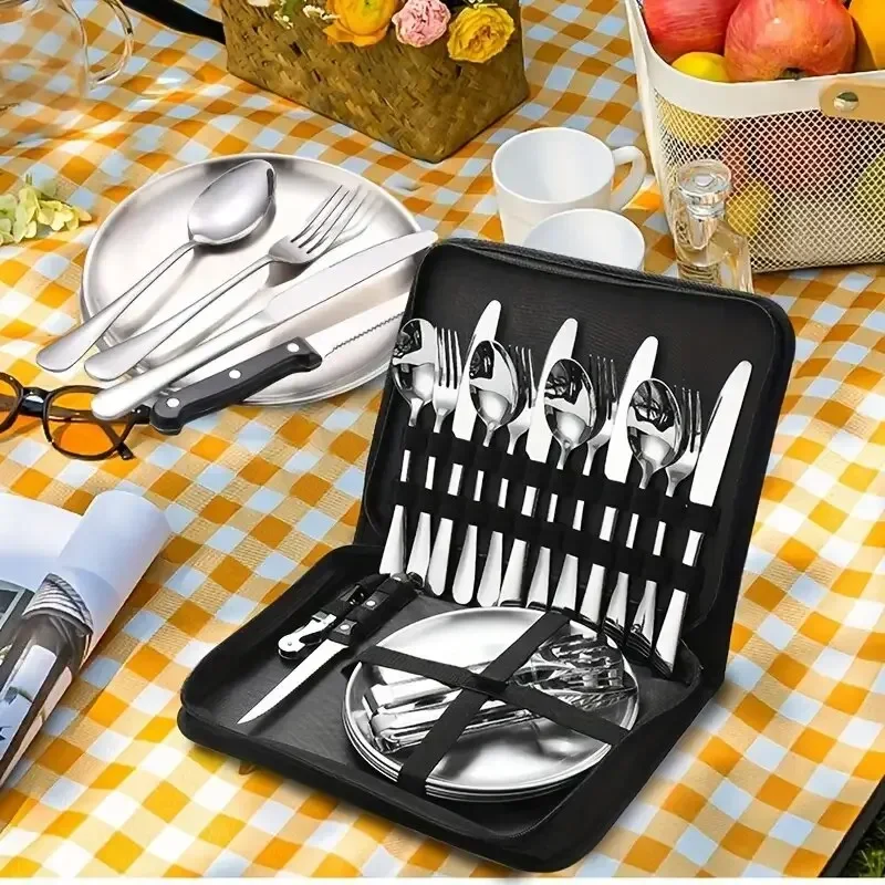 

Outdoor camping stainless steel tableware, including clips, knives, forks, spoons, etc，10pcs