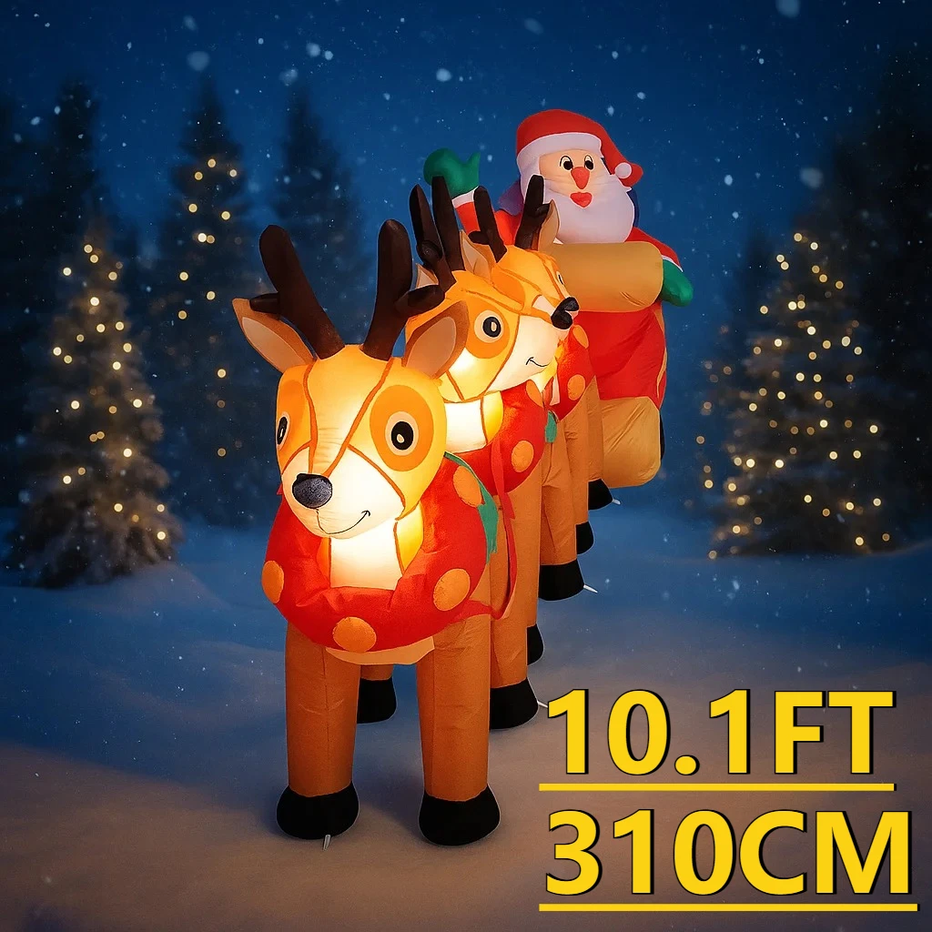 Decoración inflable LED de 10,1 pies para patio de Navidad, trineo de Papá Noel, adornos de decoración de 3 renos, regalos de juguete, suministros de Navidad, decoración navideña