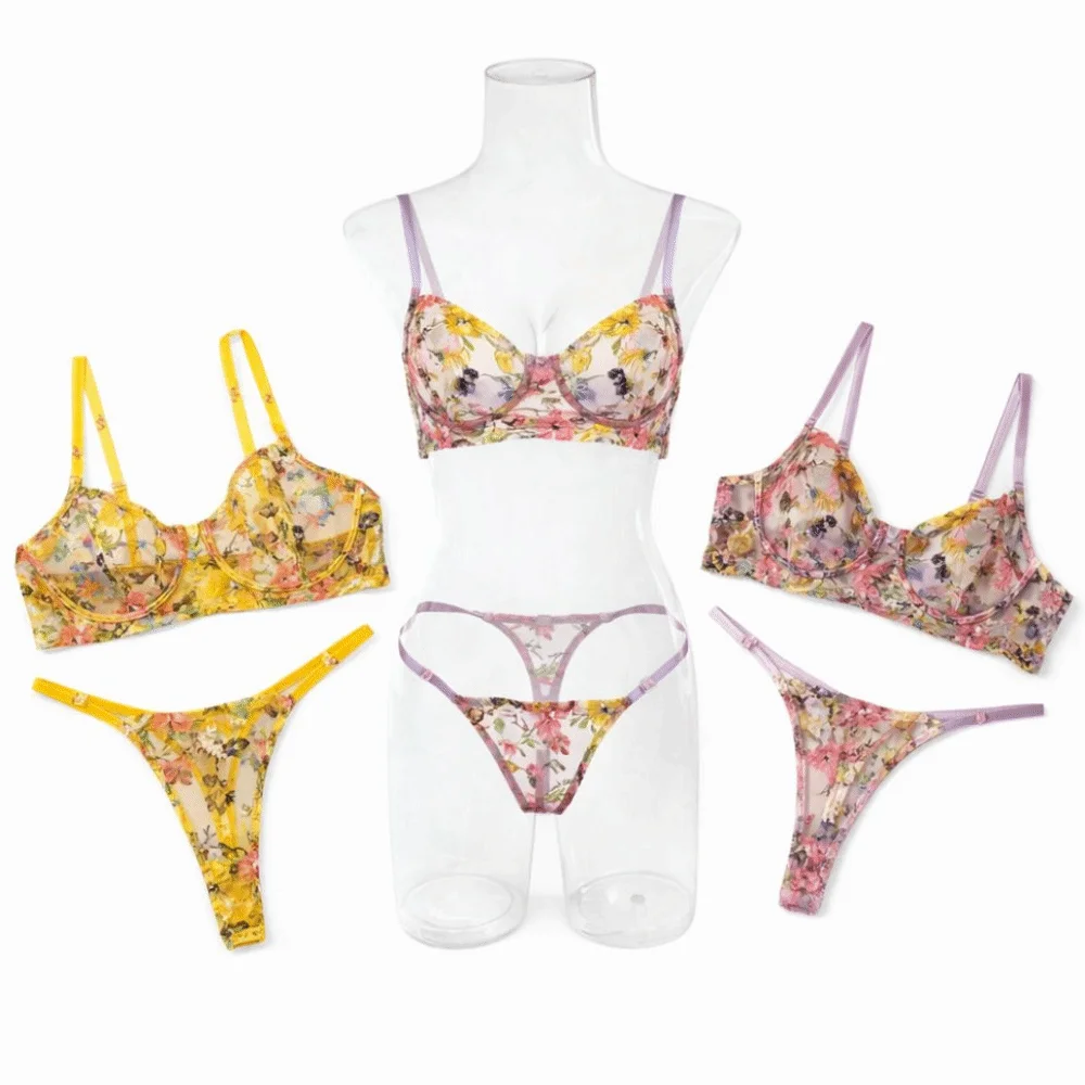 

2-Piece Floral Lingerie Set Sheer Embroidery Underwear Intimates Versatile Underwire Push-up Bra Panty Set For Lady Girl