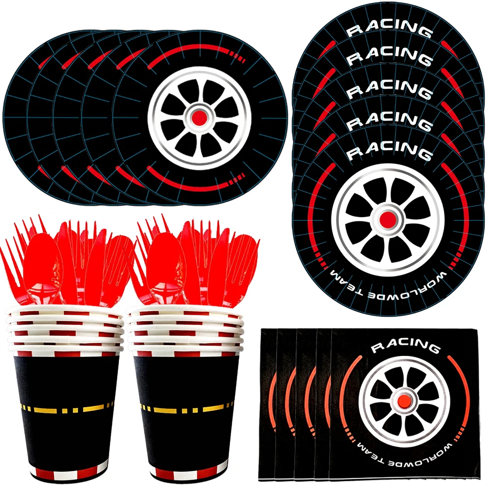 Race Car Party Wheel Plates Cups Napkins Racing Car Race Track Party Decors Racing Sports Themed Dinnerware for Boys Birthday