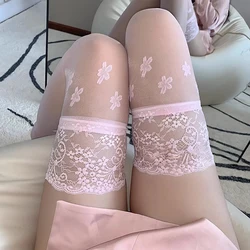 Medias altas hasta el muslo de encaje de flores Sakura, Medias transparentes de silicona, ropa interior transpirable ultrafina, Negro, Rosa, blanco
