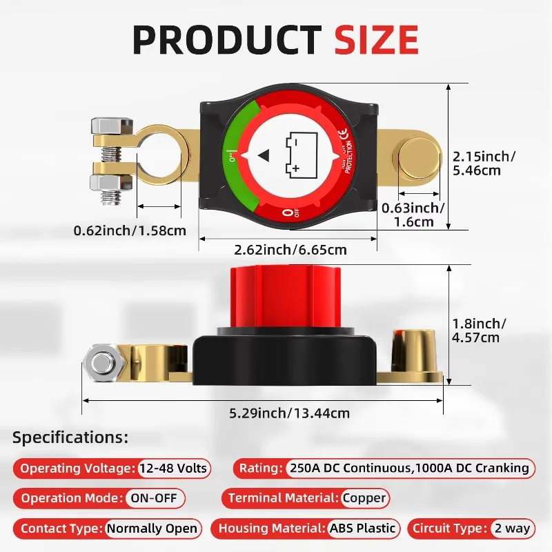 250A Battery Disconnect Switch Side Post 12V Car RV Boat Battery Cut Off Switch Copper Terminal Battery Clamp