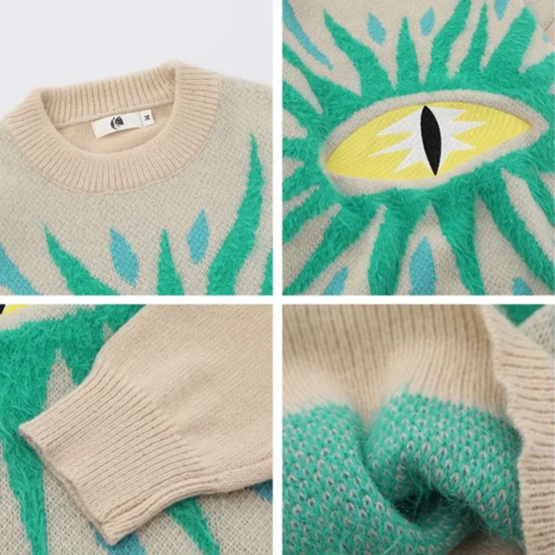 From Mars World Eye Design Fun Jacquard Round Neck Sweater Men's and Women's Loose Versatile Knit fashion tops harajuku clothing